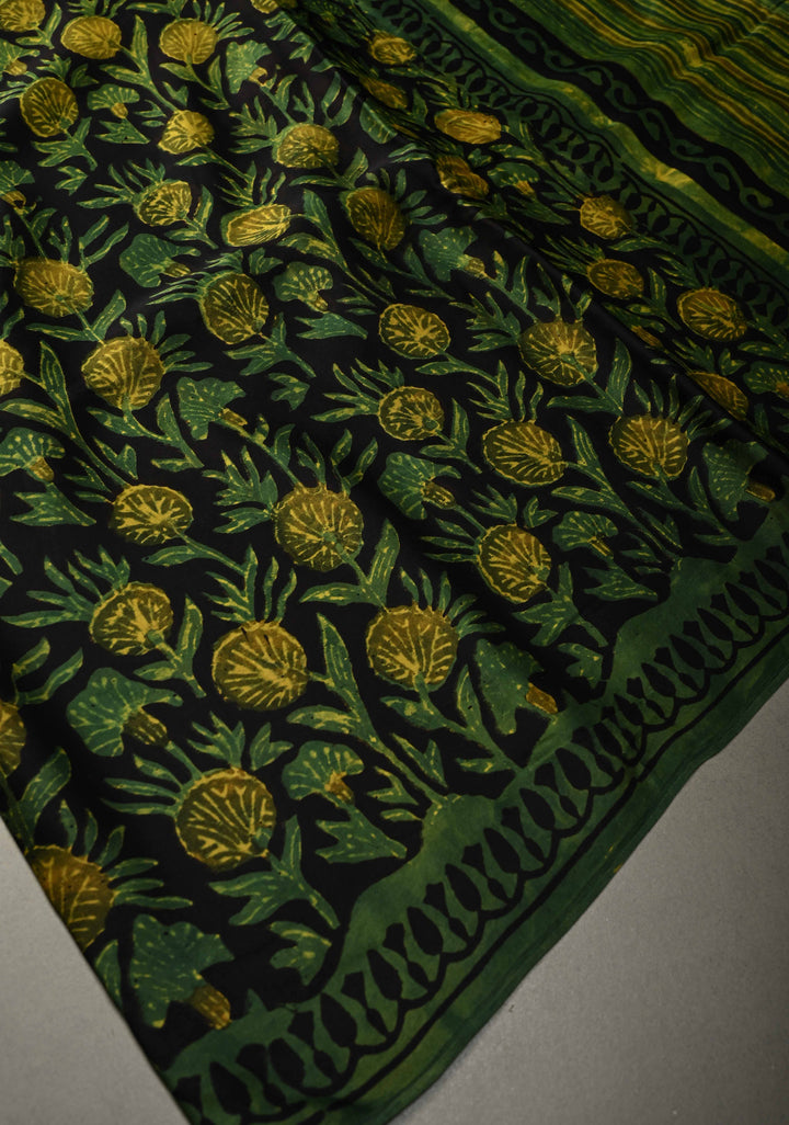 Henna Green Vanaspati Hand Block Print on Modal Silk Saree | SHOBITAM