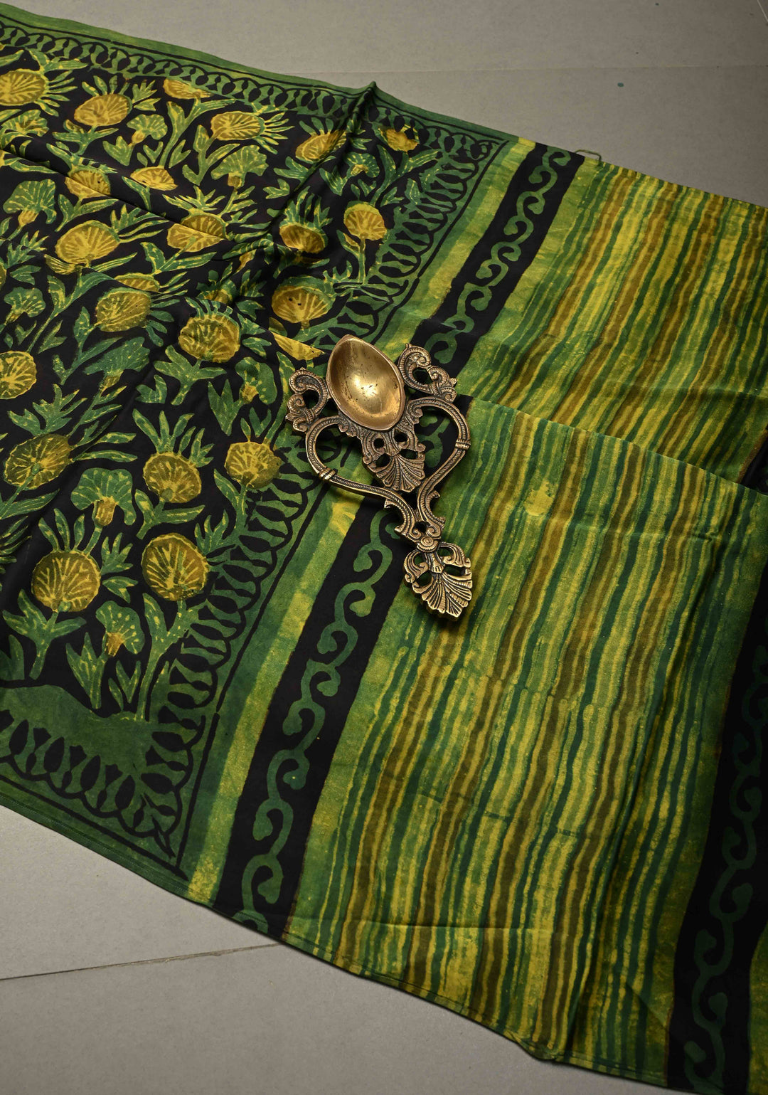 Henna Green Vanaspati Hand Block Print on Modal Silk Saree | SHOBITAM