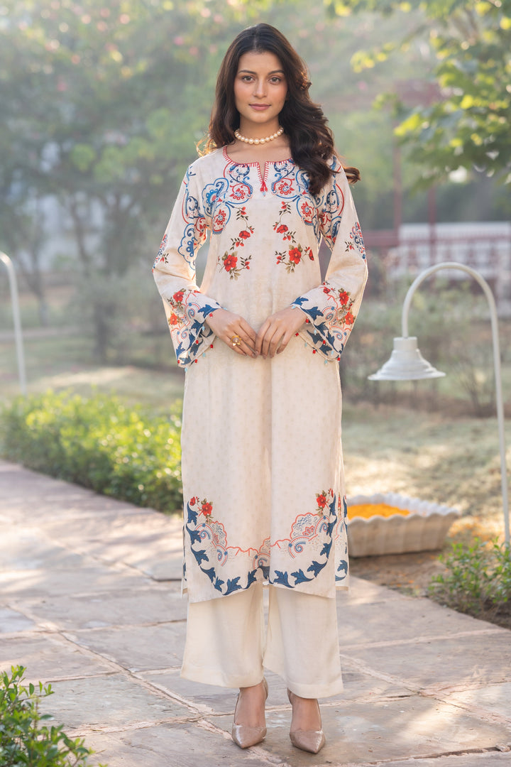 Ivory With Blue and Red Garland Print Muslin Kurta Set - SET OF-2 | SHOBITAM