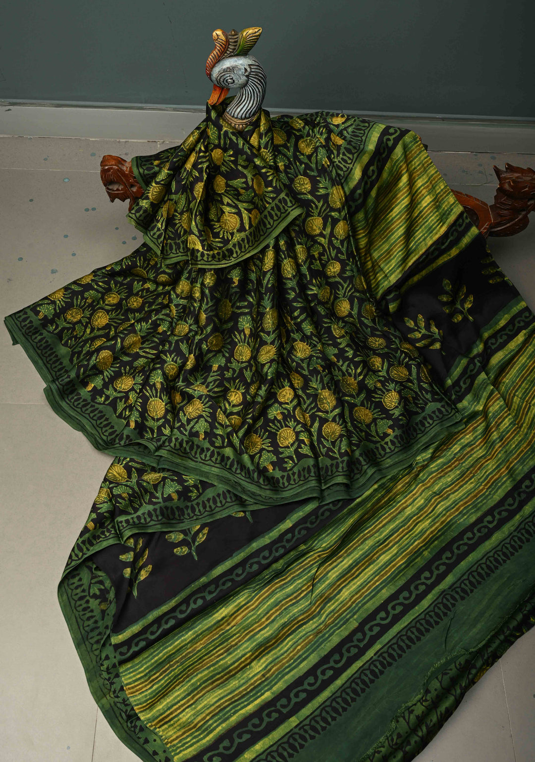 Henna Green Vanaspati Hand Block Print on Modal Silk Saree | SHOBITAM