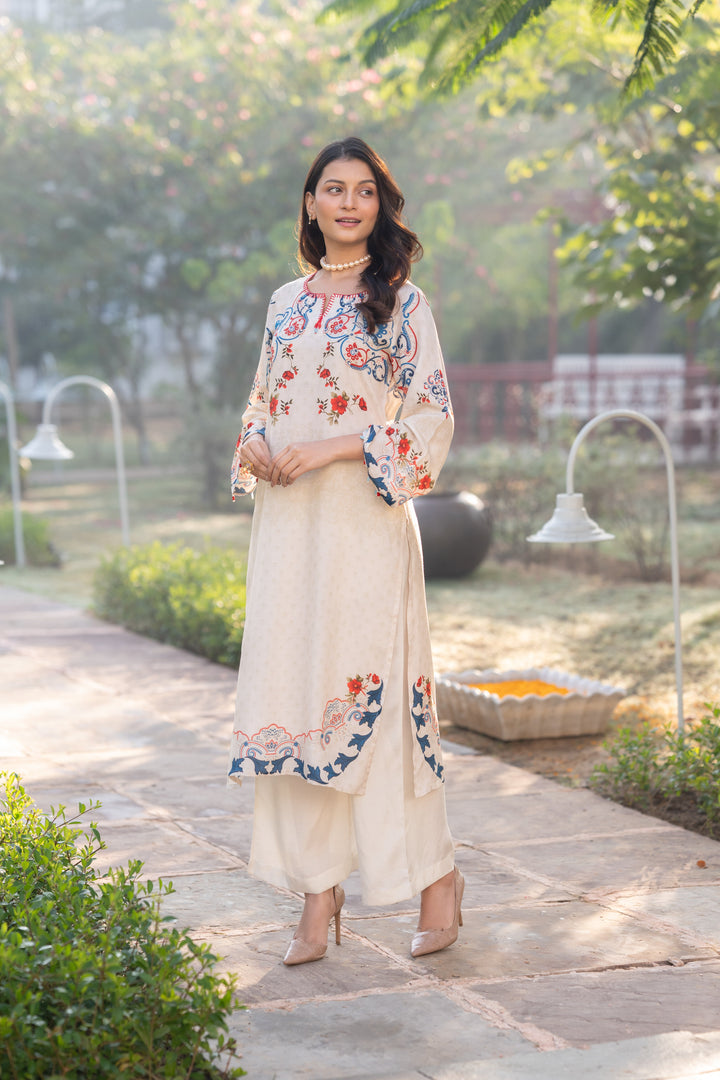 Ivory With Blue and Red Garland Print Muslin Kurta Set - SET OF-2 | SHOBITAM
