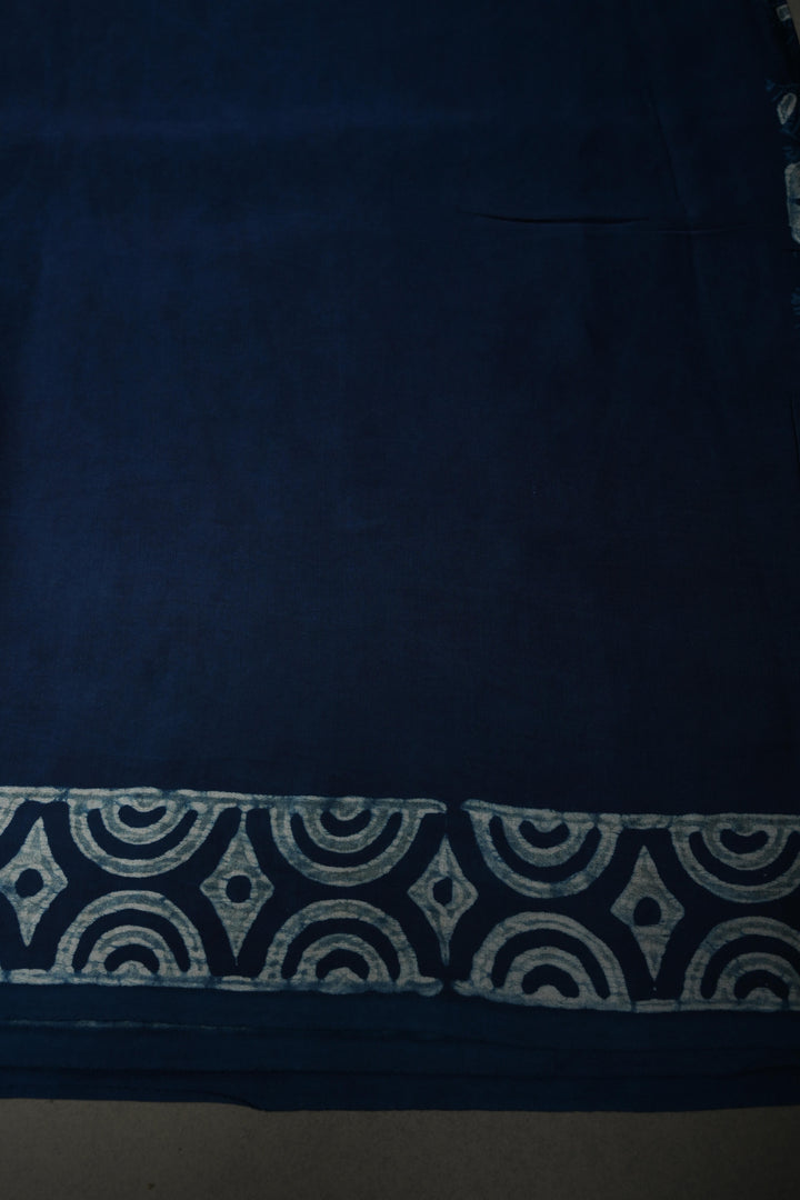 Indigo Modal Silk Saree with Bagru Hand Block Print and Border | SHOBITAM