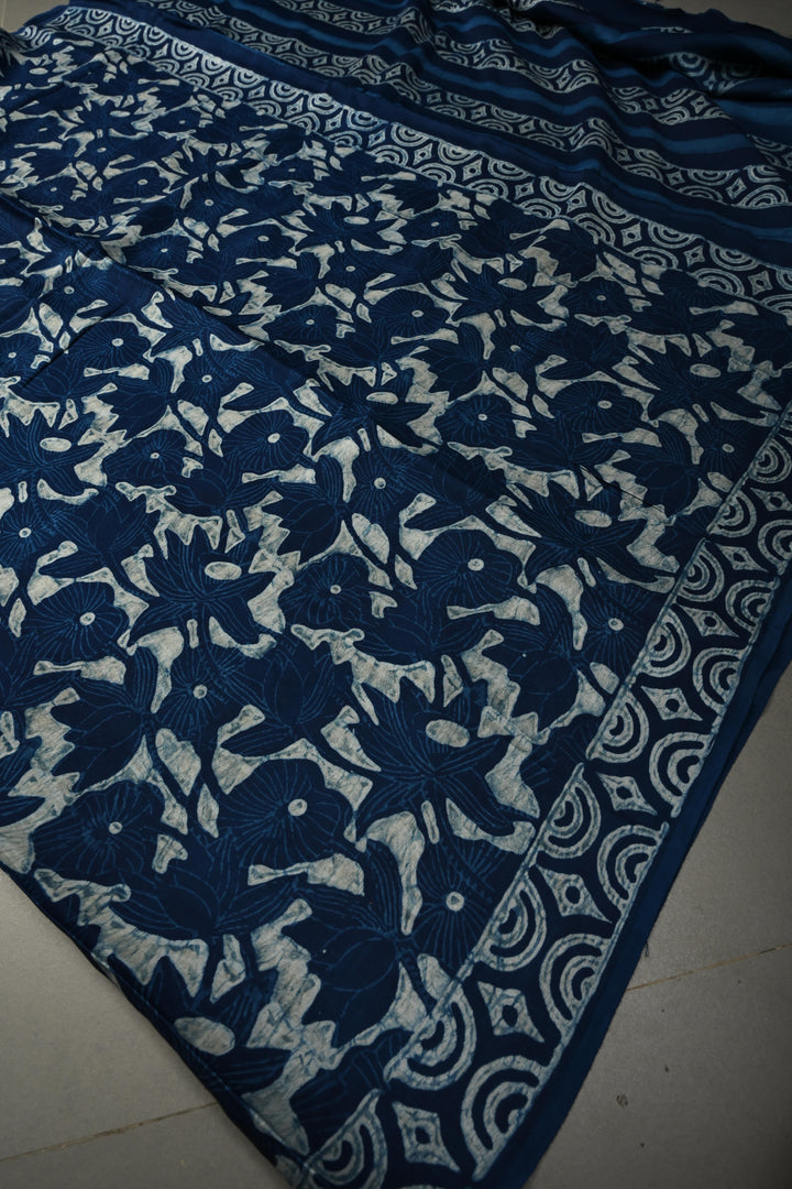Indigo Modal Silk Saree with Bagru Hand Block Print and Border | SHOBITAM