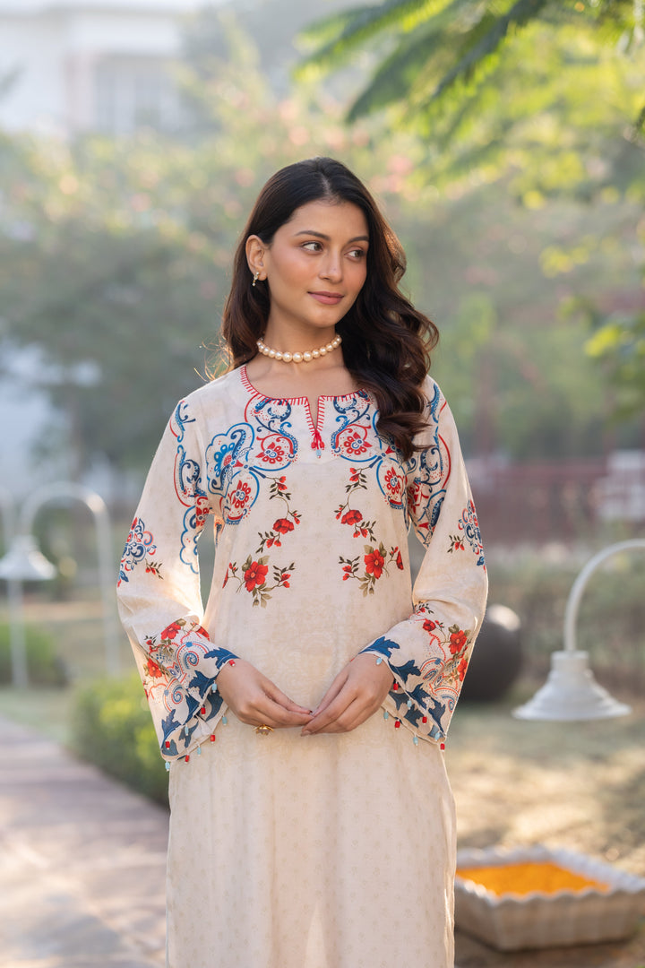 Ivory With Blue and Red Garland Print Muslin Kurta Set - SET OF-2 | SHOBITAM