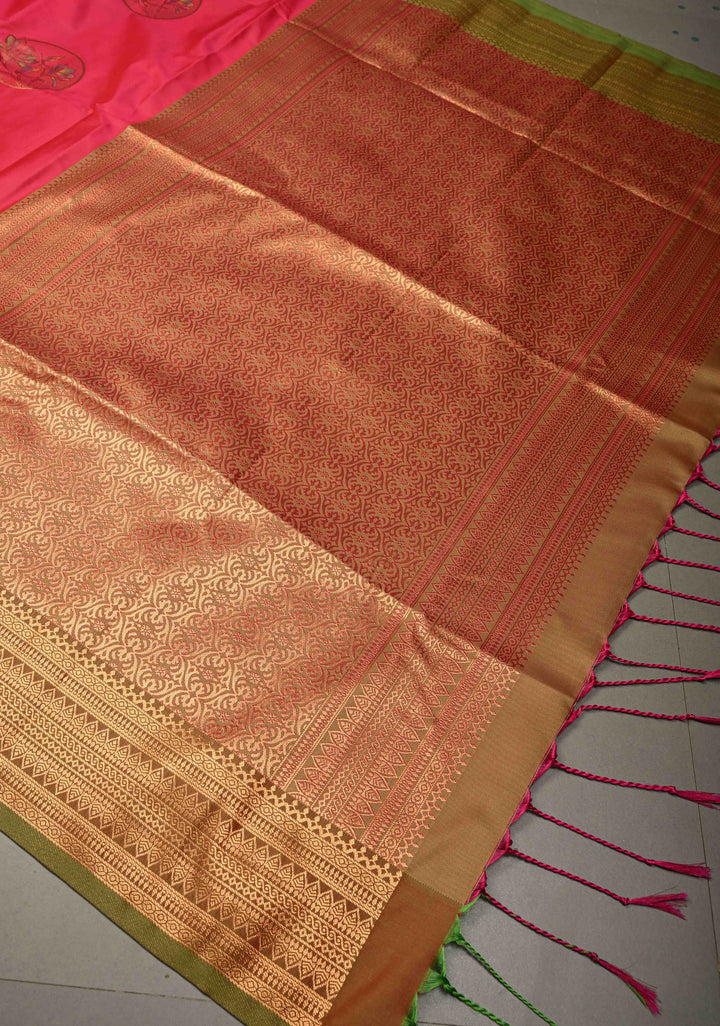Amaranth Kanchi Semi Silk Saree with Meenakari Mandala Buttas and Contrast Zari Border | SHOBITAM