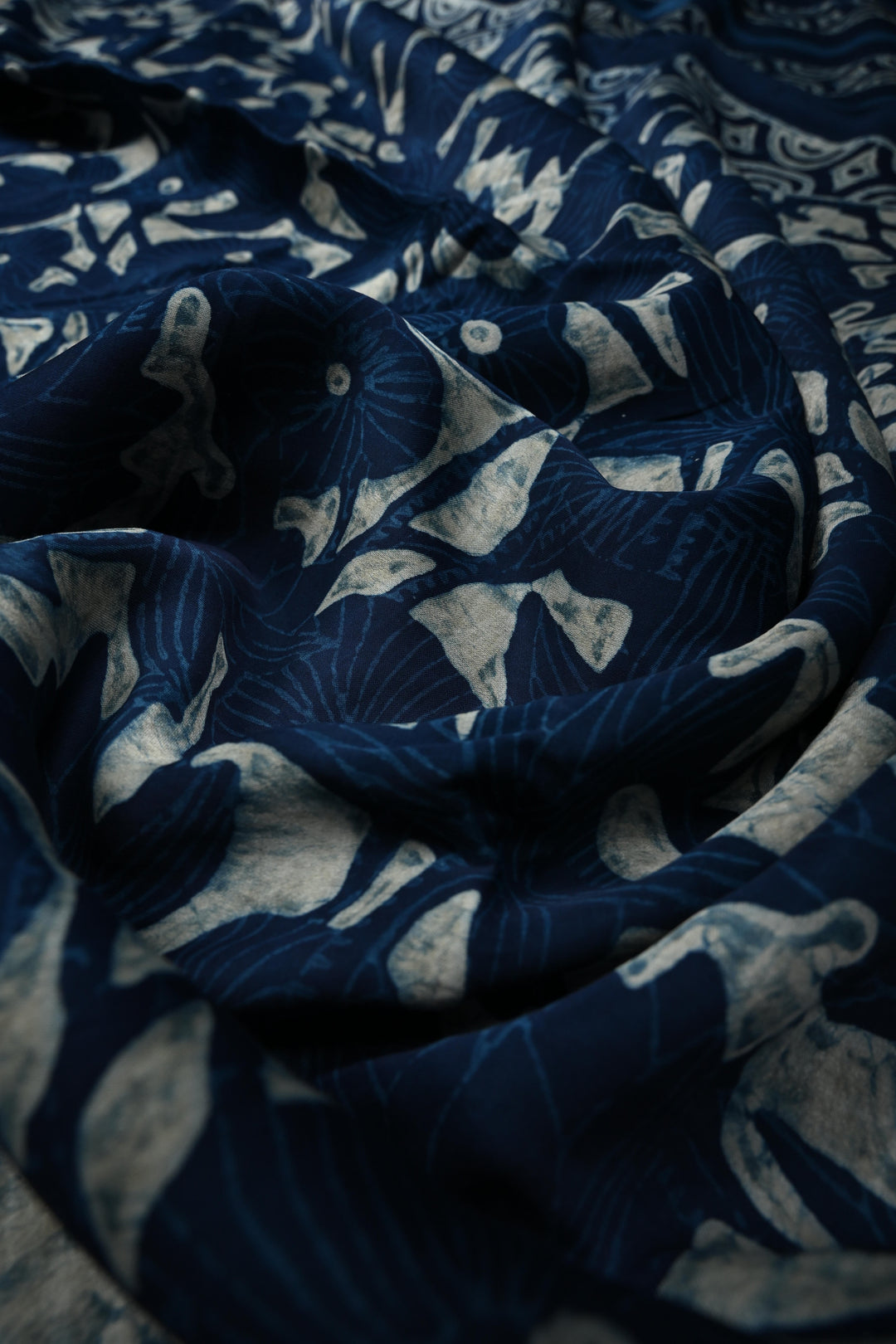 Indigo Modal Silk Saree with Bagru Hand Block Print and Border | SHOBITAM