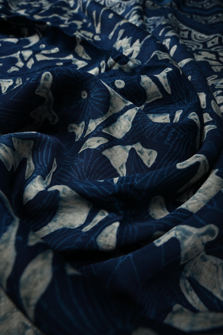 Indigo Modal Silk Saree with Bagru Hand Block Print and Border | SHOBITAM