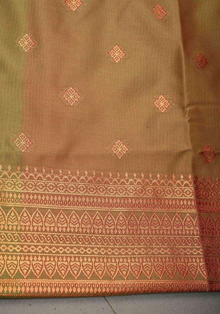 Amaranth Kanchi Semi Silk Saree with Meenakari Mandala Buttas and Contrast Zari Border | SHOBITAM