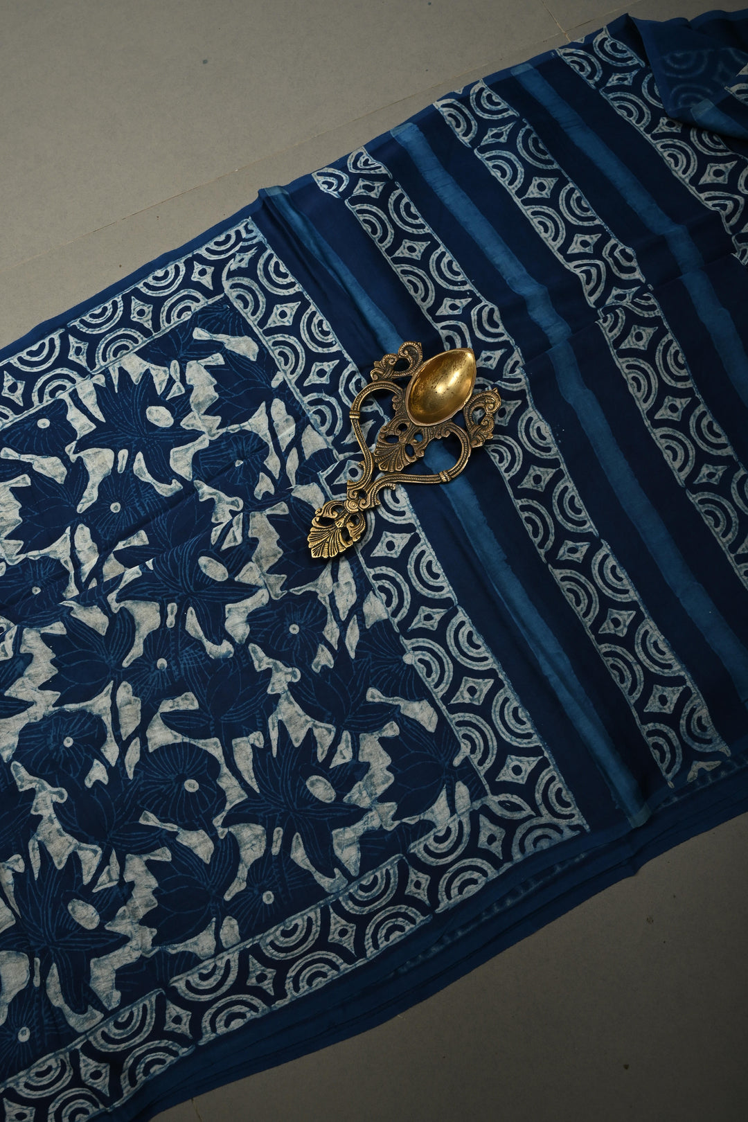 Indigo Modal Silk Saree with Bagru Hand Block Print and Border | SHOBITAM