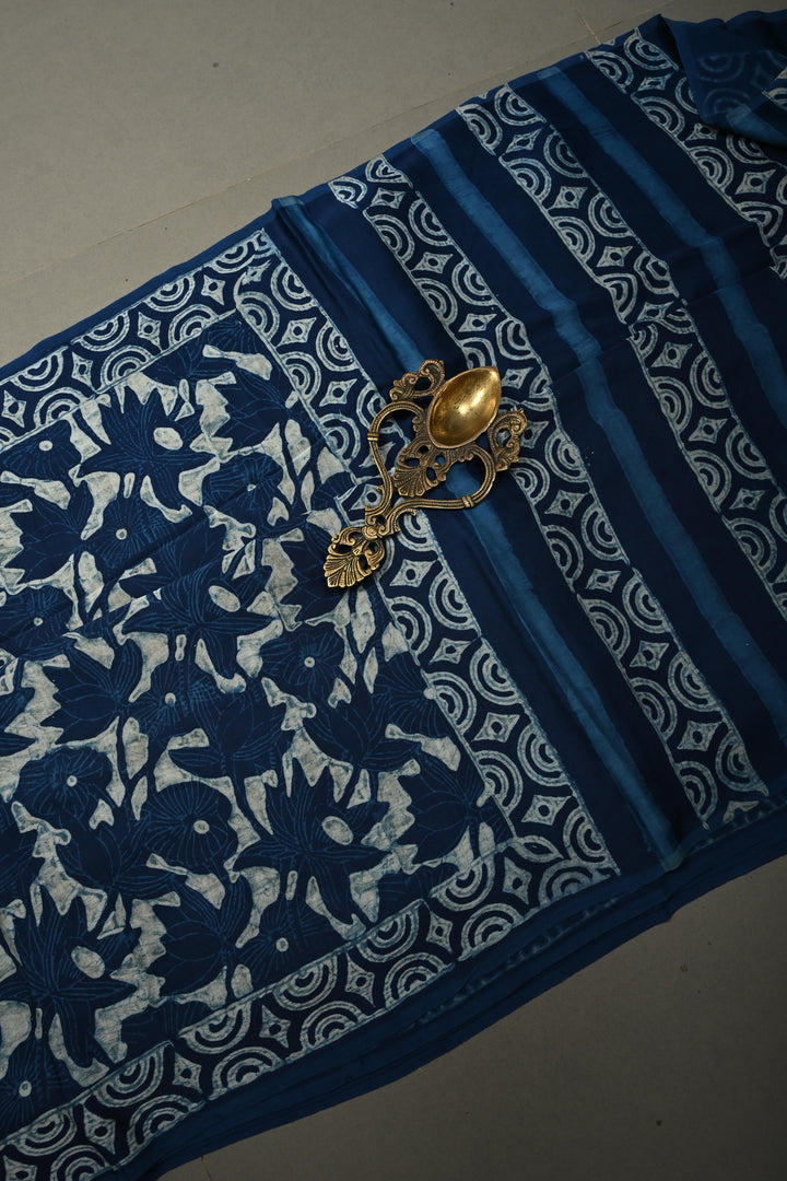 Indigo Modal Silk Saree with Bagru Hand Block Print and Border | SHOBITAM