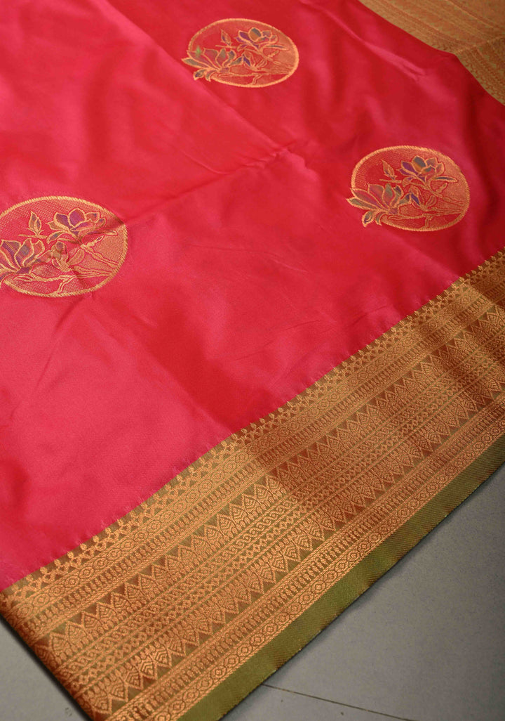 Amaranth Kanchi Semi Silk Saree with Meenakari Mandala Buttas and Contrast Zari Border | SHOBITAM
