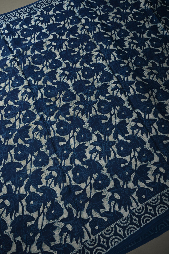 Indigo Modal Silk Saree with Bagru Hand Block Print and Border | SHOBITAM