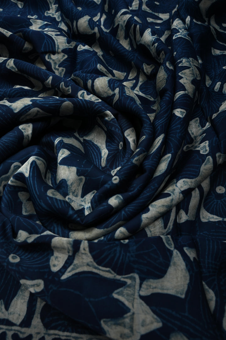Indigo Modal Silk Saree with Bagru Hand Block Print and Border | SHOBITAM