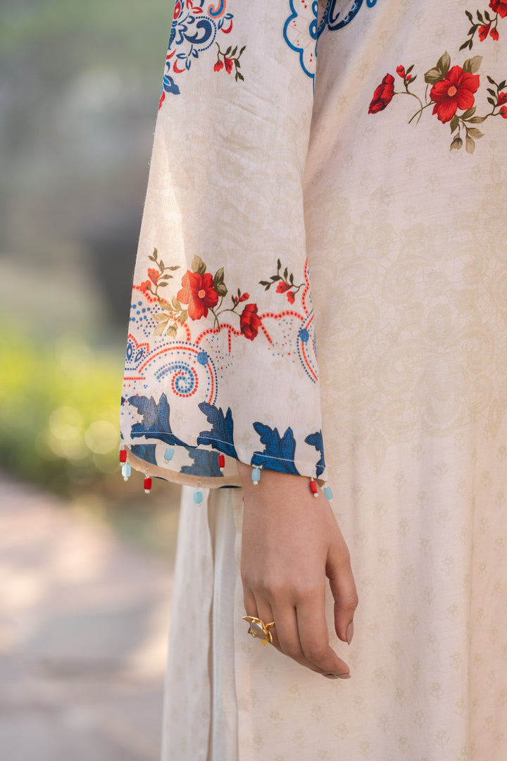 Ivory With Blue and Red Garland Print Muslin Kurta Set - SET OF-2 | SHOBITAM