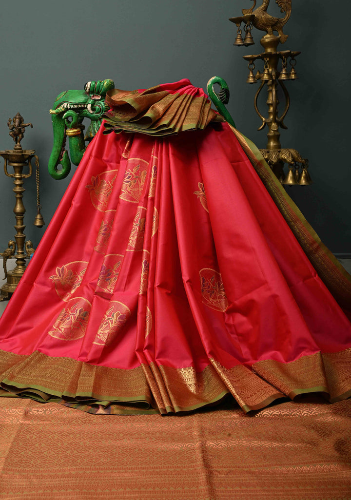 Amaranth Kanchi Semi Silk Saree with Meenakari Mandala Buttas and Contrast Zari Border | SHOBITAM