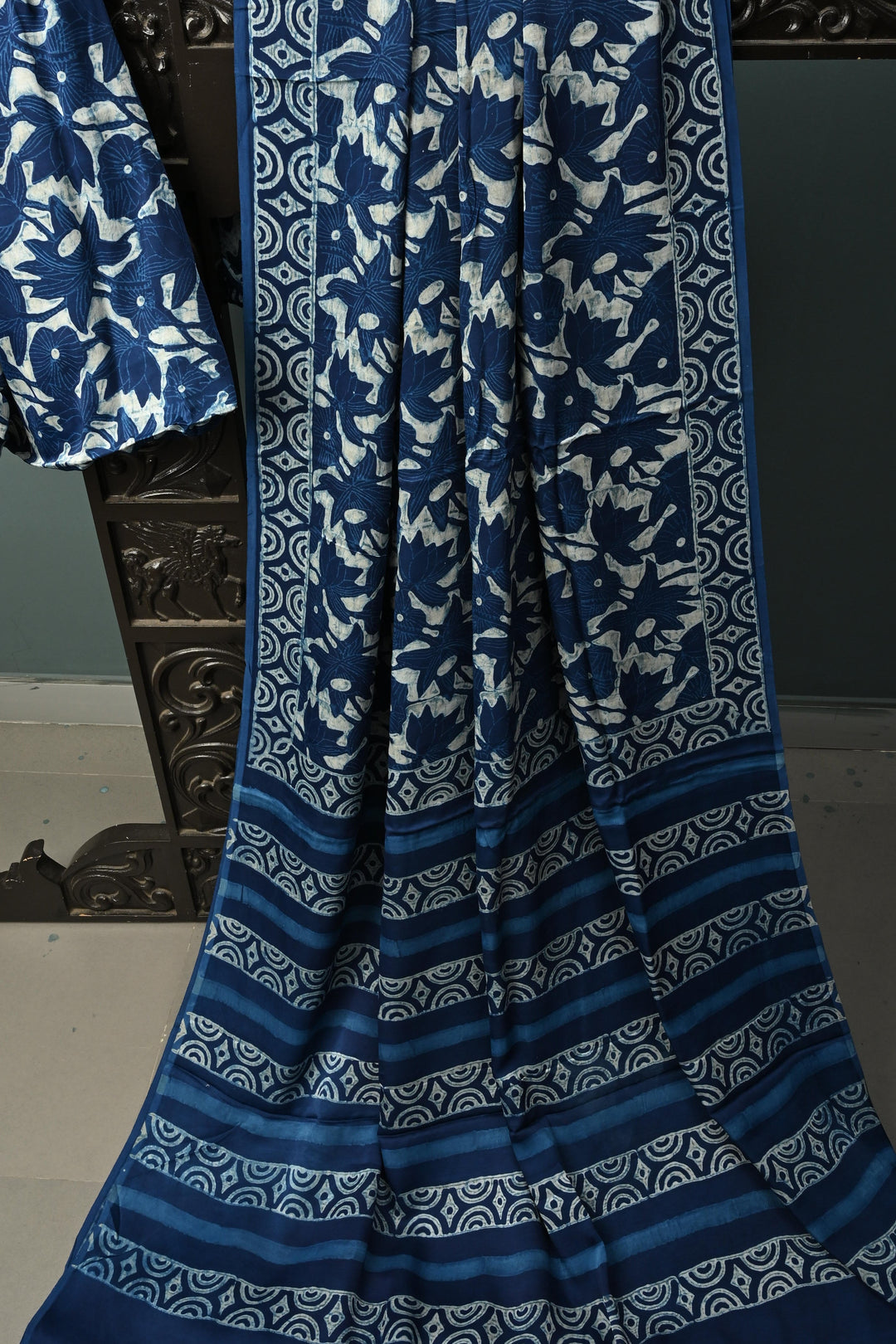 Indigo Modal Silk Saree with Bagru Hand Block Print and Border | SHOBITAM