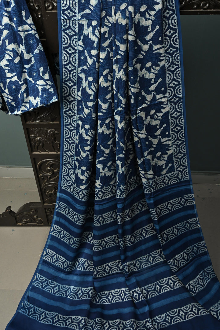 Indigo Modal Silk Saree with Bagru Hand Block Print and Border | SHOBITAM
