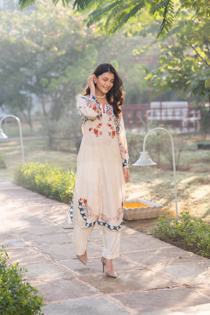 Ivory With Blue and Red Garland Print Muslin Kurta Set - SET OF-2 | SHOBITAM