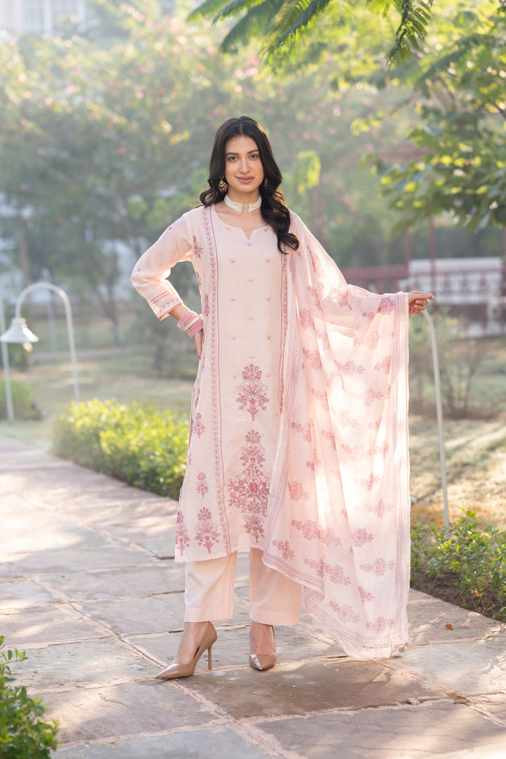 Blush Pink Block Print Chanderi Suit Set - SET OF-3 | SHOBITAM
