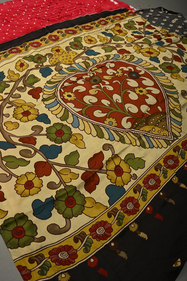 Elegant Rani Pink Modal Silk Saree Featuring hand Bandhani and Kalamkari Digital Print | SHOBITAM