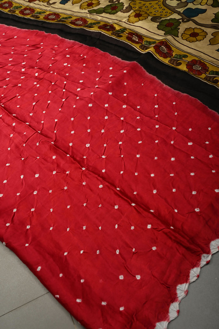 Elegant Rani Pink Modal Silk Saree Featuring hand Bandhani and Kalamkari Digital Print | SHOBITAM