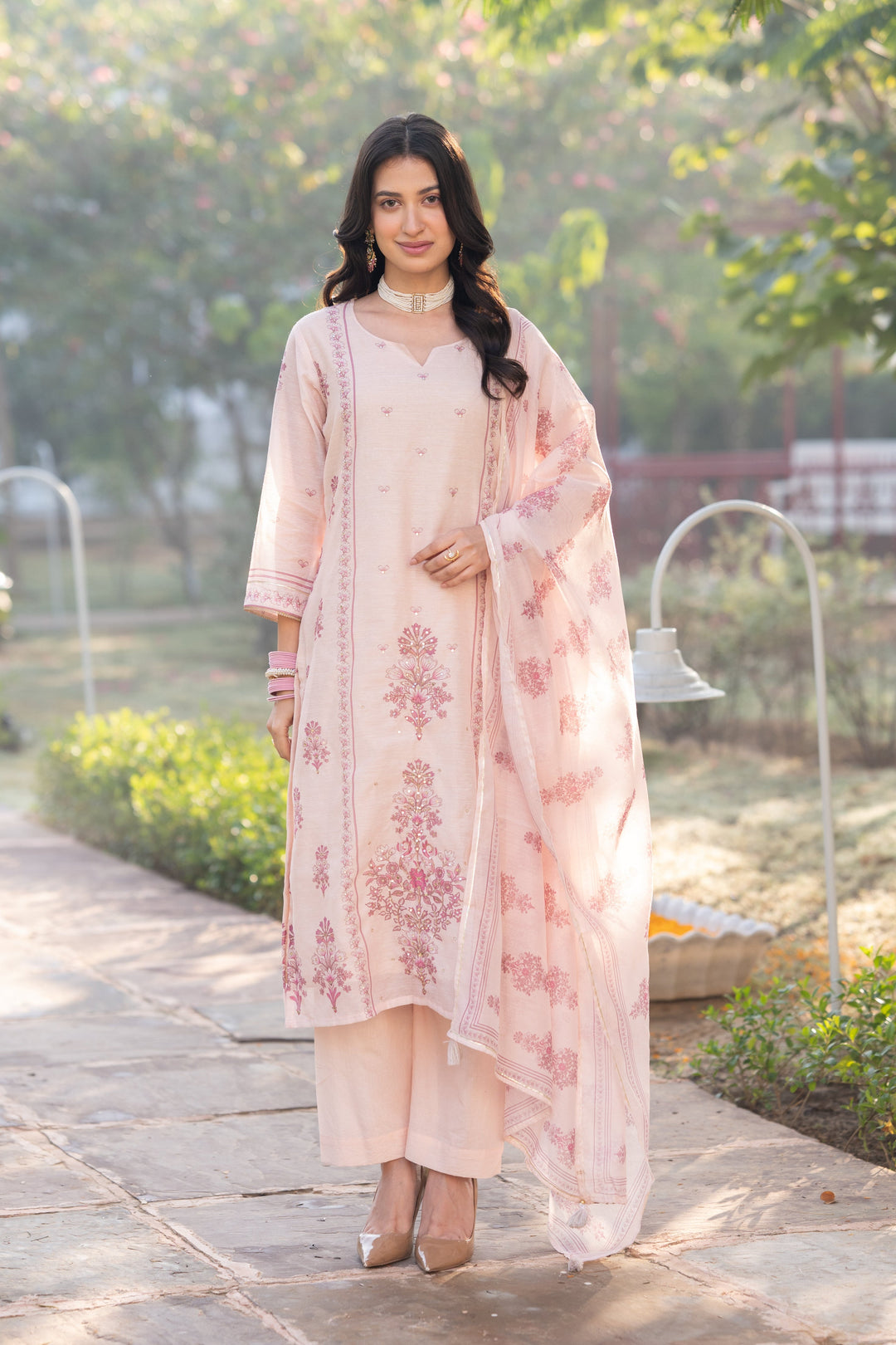 Blush Pink Block Print Chanderi Suit Set - SET OF-3 | SHOBITAM