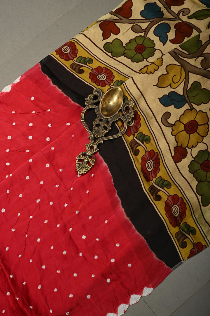 Elegant Rani Pink Modal Silk Saree Featuring hand Bandhani and Kalamkari Digital Print | SHOBITAM