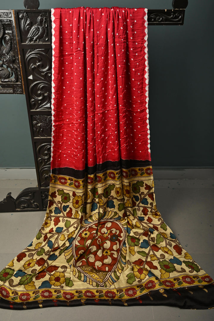 Elegant Rani Pink Modal Silk Saree Featuring hand Bandhani and Kalamkari Digital Print | SHOBITAM