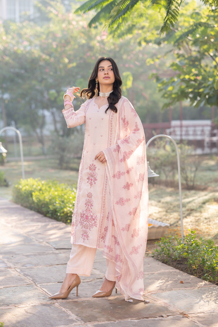Blush Pink Block Print Chanderi Suit Set - SET OF-3 | SHOBITAM