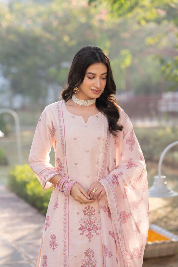 Blush Pink Block Print Chanderi Suit Set - SET OF-3 | SHOBITAM