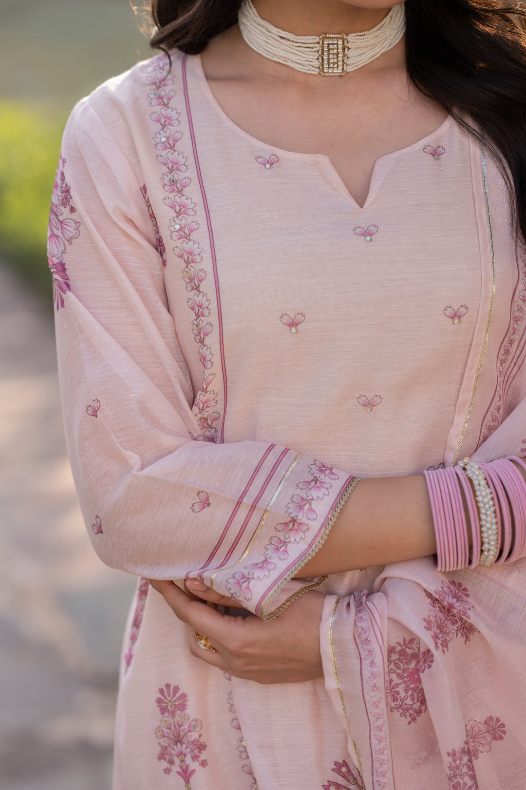 Blush Pink Block Print Chanderi Suit Set - SET OF-3 | SHOBITAM