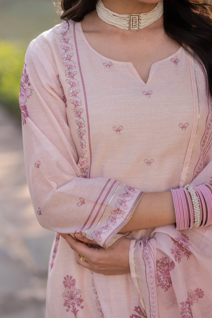 Blush Pink Block Print Chanderi Suit Set - SET OF-3 | SHOBITAM