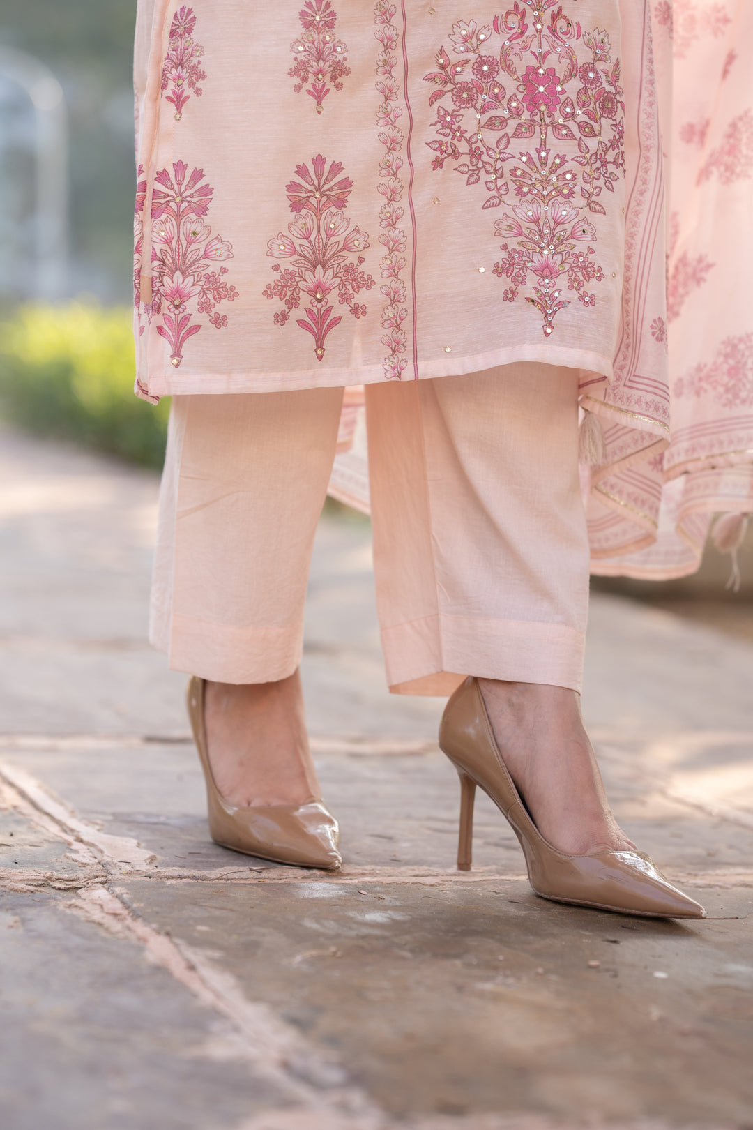 Blush Pink Block Print Chanderi Suit Set - SET OF-3 | SHOBITAM