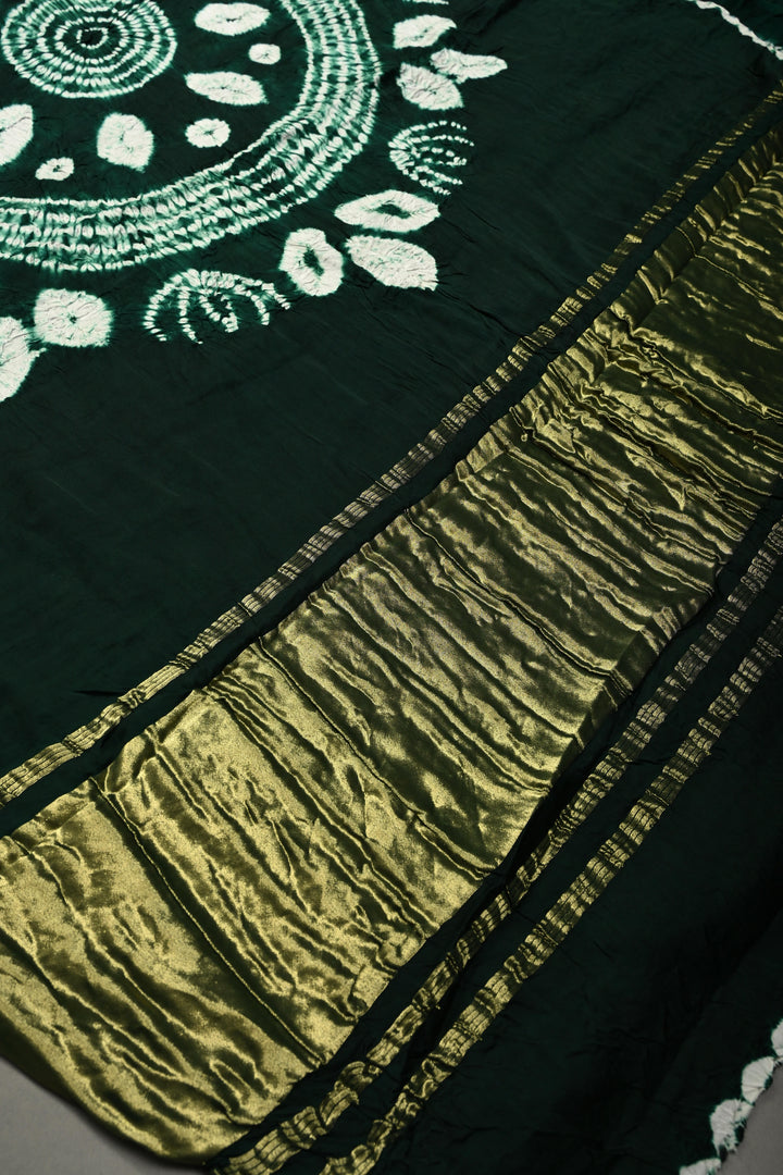 Bottle Green Modal Silk Saree with Lagda Patta and Hand Shibori Mandala Pallu | SHOBITAM