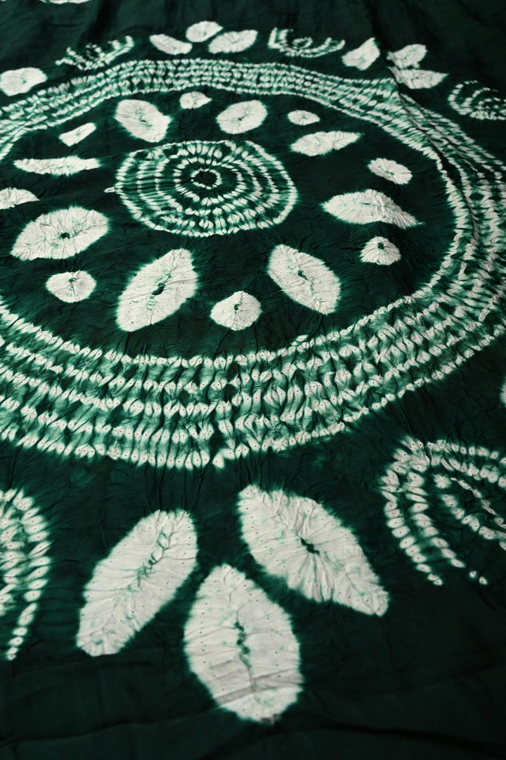 Bottle Green Modal Silk Saree with Lagda Patta and Hand Shibori Mandala Pallu | SHOBITAM