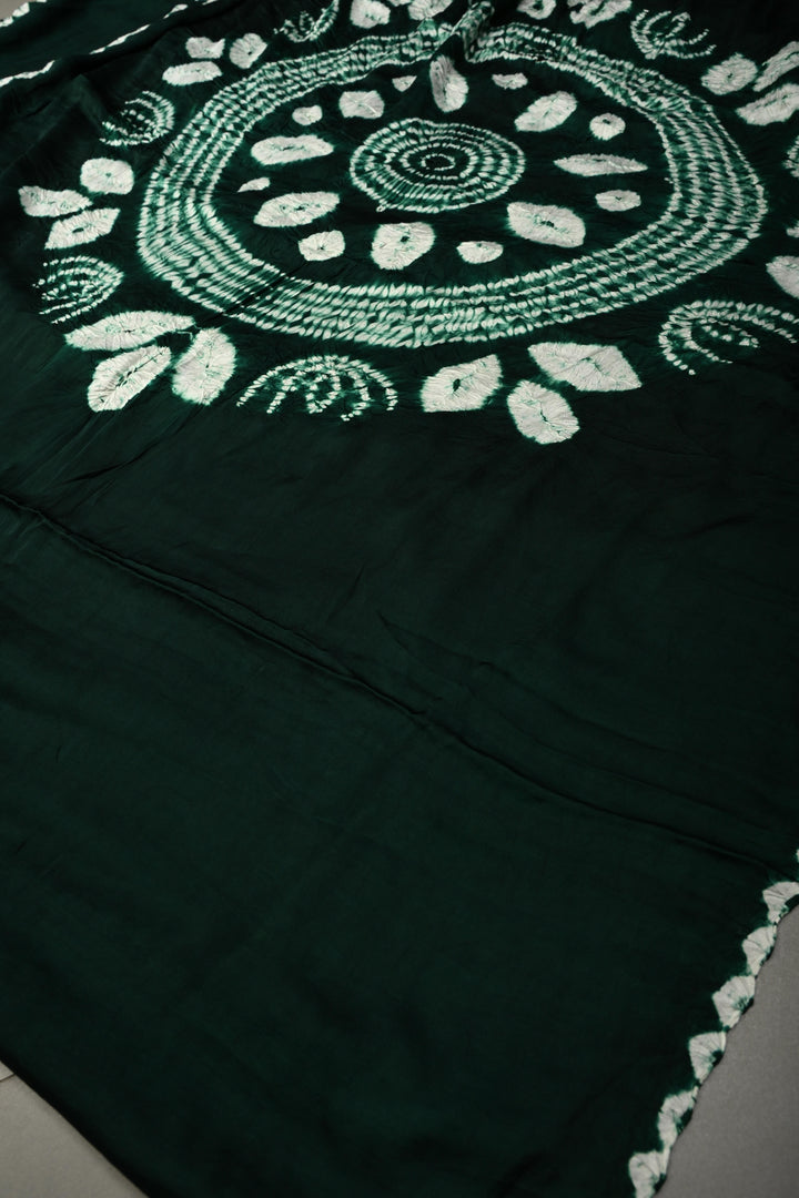Bottle Green Modal Silk Saree with Lagda Patta and Hand Shibori Mandala Pallu | SHOBITAM