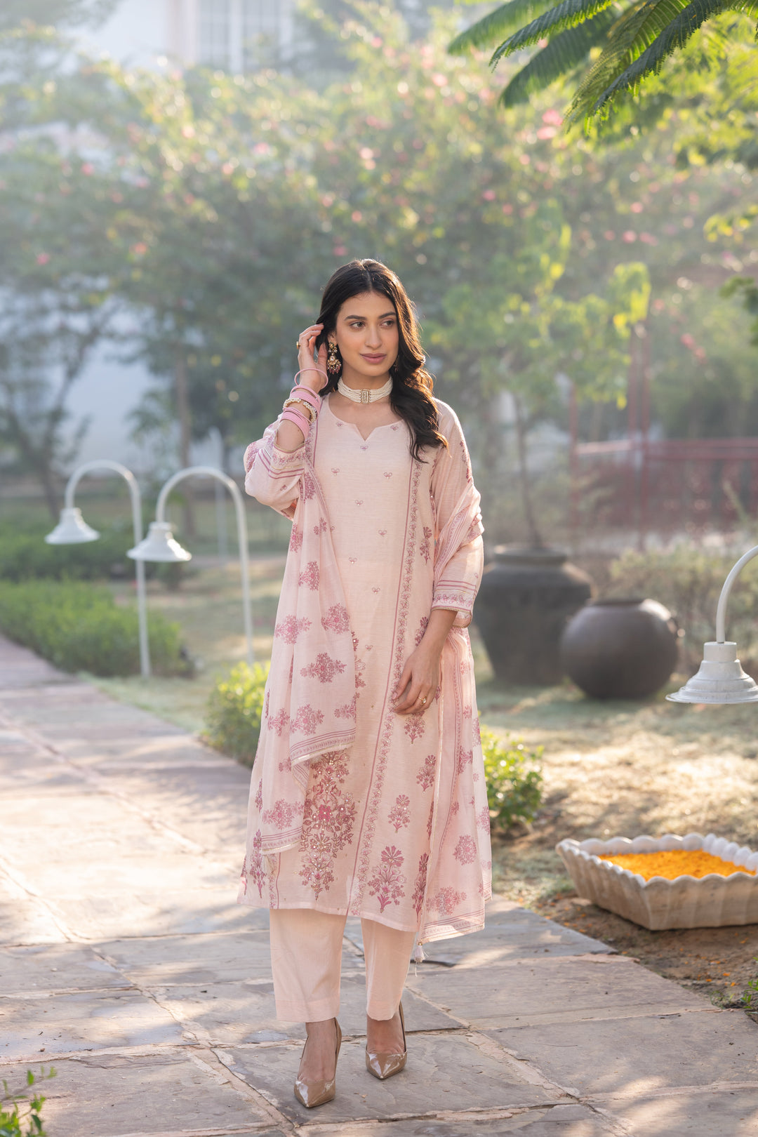 Blush Pink Block Print Chanderi Suit Set - SET OF-3 | SHOBITAM