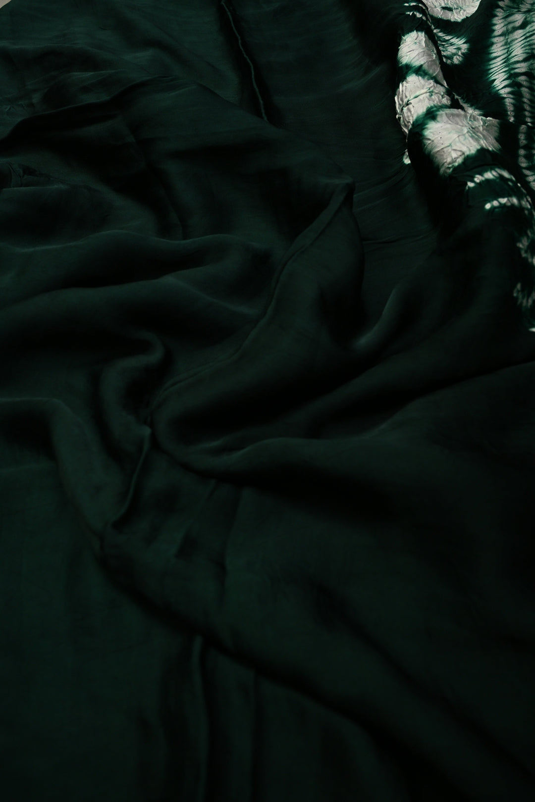Bottle Green Modal Silk Saree with Lagda Patta and Hand Shibori Mandala Pallu | SHOBITAM