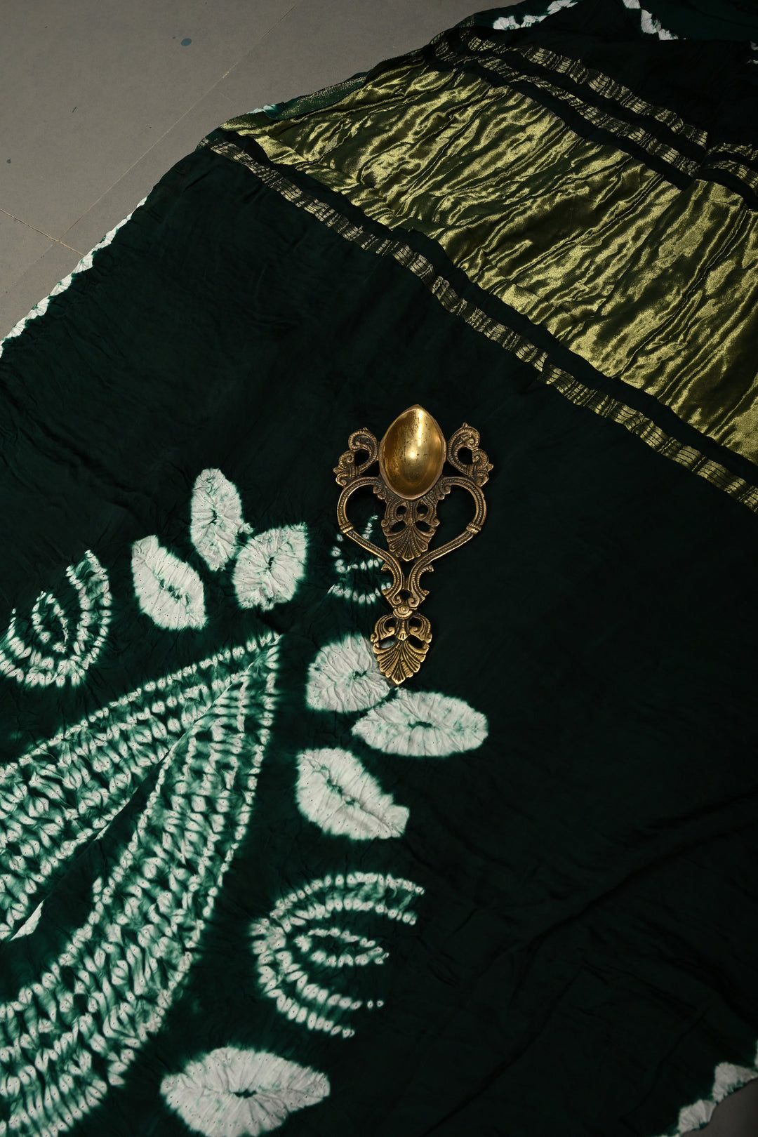 Bottle Green Modal Silk Saree with Lagda Patta and Hand Shibori Mandala Pallu | SHOBITAM