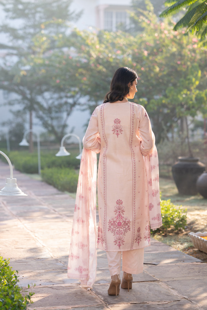 Blush Pink Block Print Chanderi Suit Set - SET OF-3 | SHOBITAM