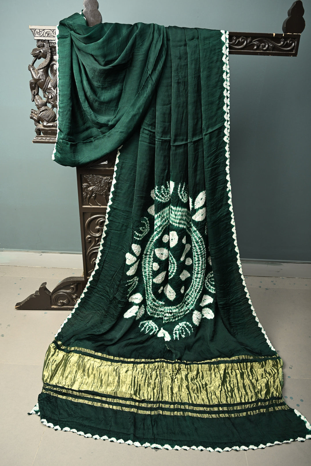 Bottle Green Modal Silk Saree with Lagda Patta and Hand Shibori Mandala Pallu | SHOBITAM