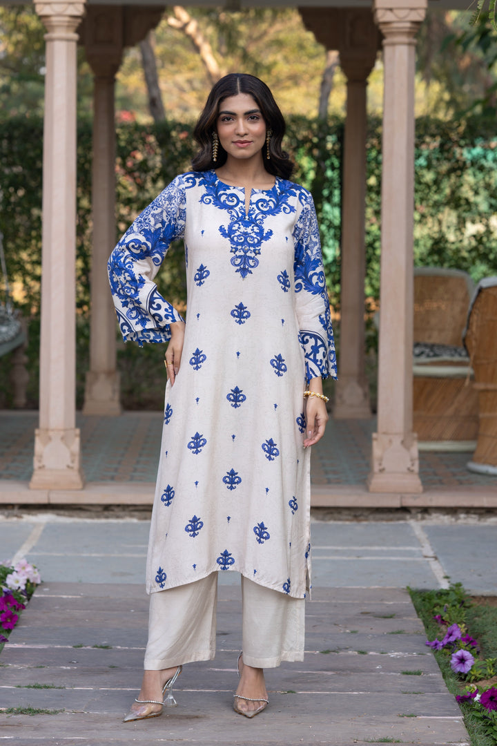 Off White with Blue Buti Print Muslin Kurta Set- SET OF-2 | SHOBITAM