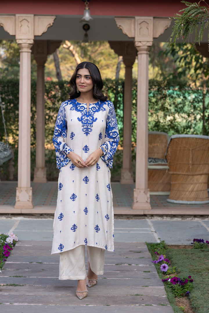 Off White with Blue Buti Print Muslin Kurta Set- SET OF-2 | SHOBITAM
