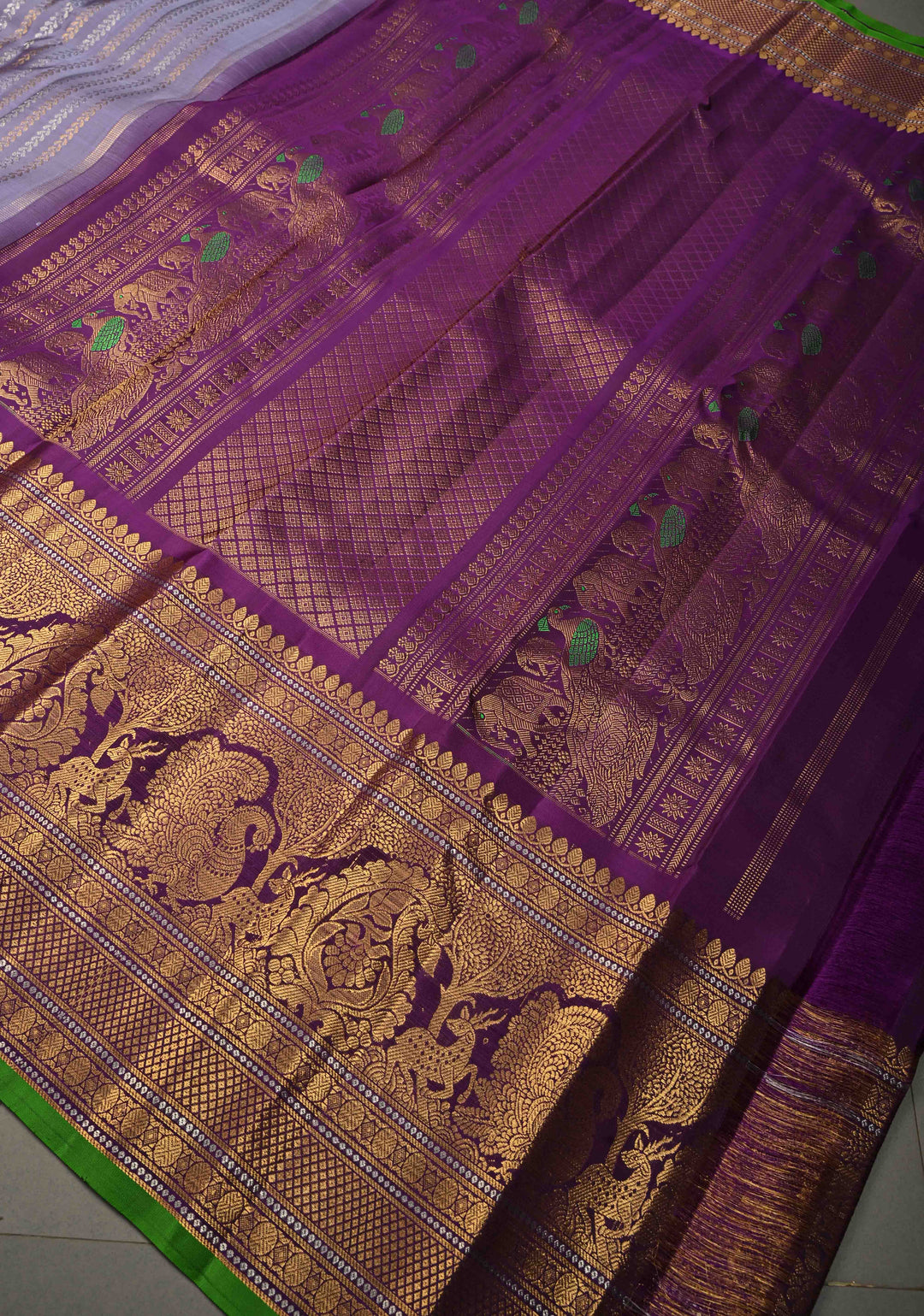 Dusty Lilac Dual tone Pure Gadwal Silk Saree with Gold & Silver Ornate Zari Stripes and 12" Contrast Wide Zari Border | SILK MARK CERTIFIED | SHOBITAM