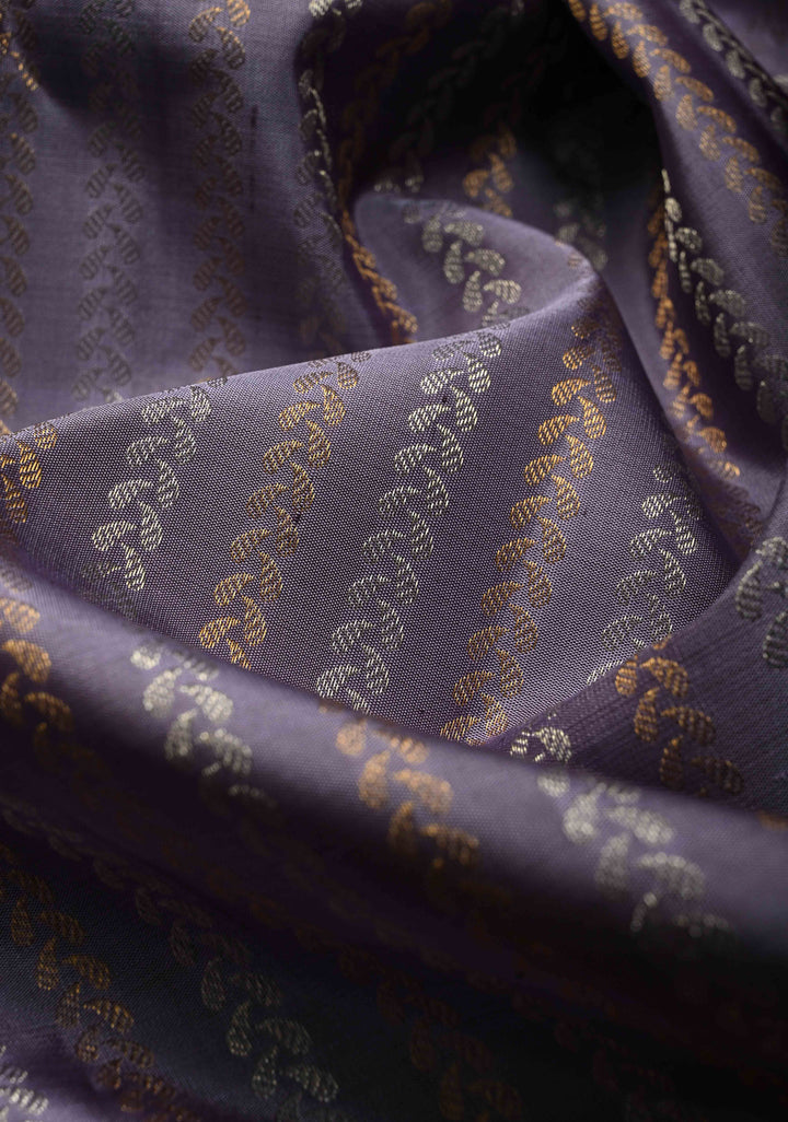 Dusty Lilac Dual tone Pure Gadwal Silk Saree with Gold & Silver Ornate Zari Stripes and 12" Contrast Wide Zari Border | SILK MARK CERTIFIED | SHOBITAM
