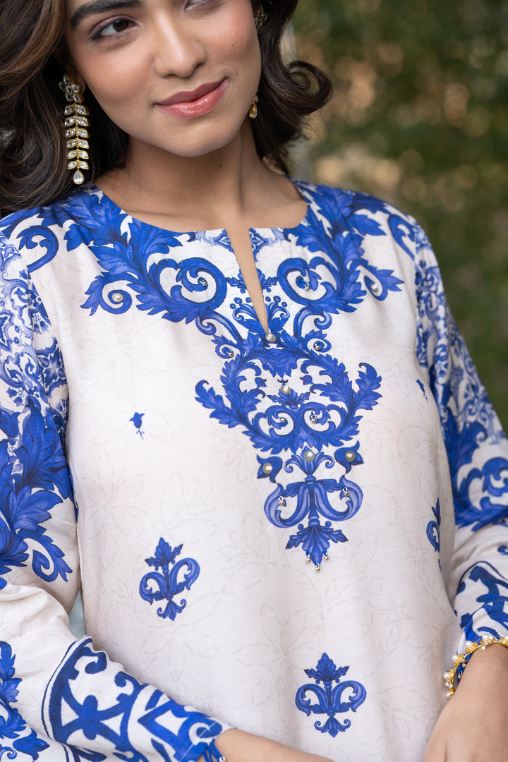 Off White with Blue Buti Print Muslin Kurta Set- SET OF-2 | SHOBITAM