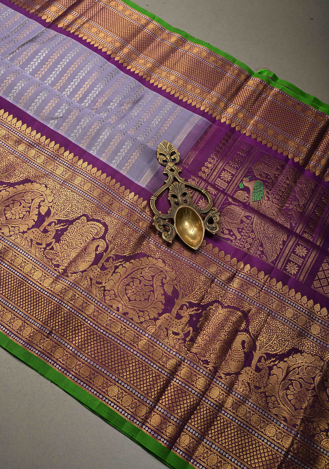 Dusty Lilac Dual tone Pure Gadwal Silk Saree with Gold & Silver Ornate Zari Stripes and 12" Contrast Wide Zari Border | SILK MARK CERTIFIED | SHOBITAM