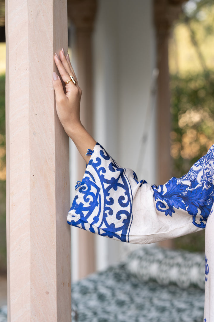 Off White with Blue Buti Print Muslin Kurta Set- SET OF-2 | SHOBITAM
