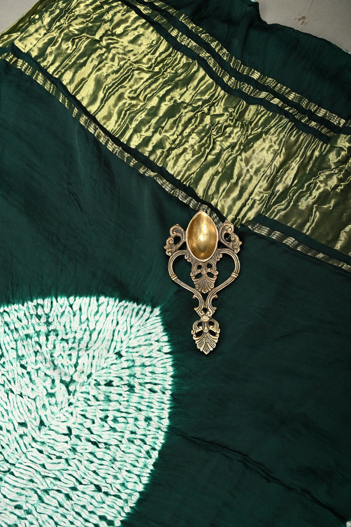 Hand Shibori Dye on Dark Green Modal Silk Saree withlagda Zari Pallu | SHOBITAM