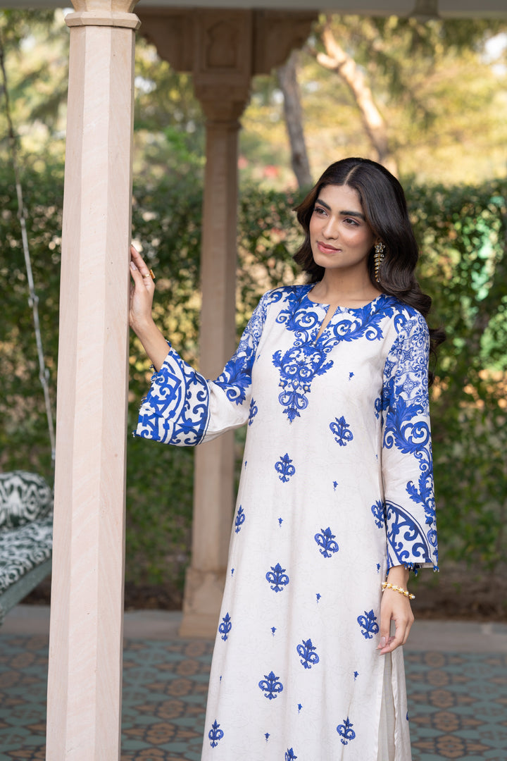 Off White with Blue Buti Print Muslin Kurta Set- SET OF-2 | SHOBITAM
